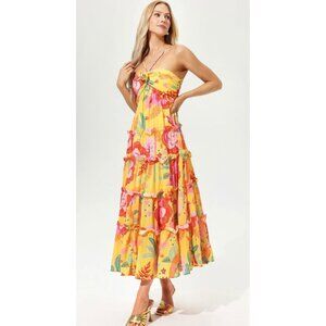 JardinVue Yellow Floral Ruffle Hem Cami Maxi Dress NWT Large msrp $123